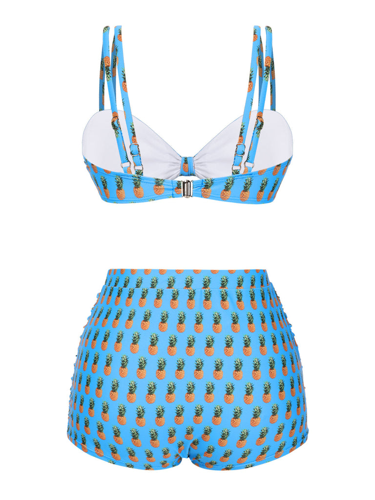 Maillot de bain à bretelles bleu ananas et nœud années 50