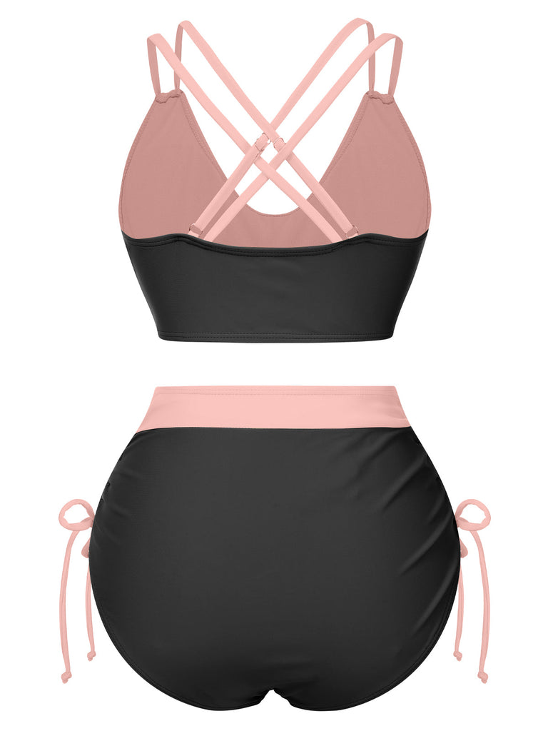 Ensemble de bikini patchwork à nœuds solides des années 1950