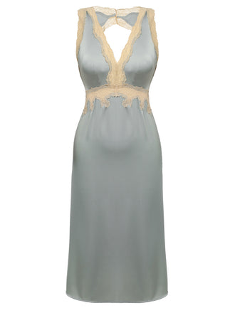Pyjama en satin bleu dos nu à col en V et dentelle des années 1950