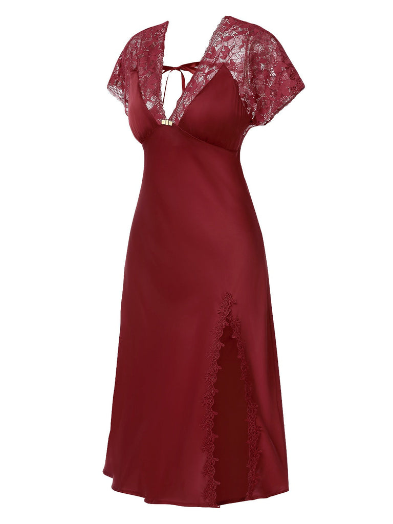 Chemise de nuit en satin à lacets patchwork de dentelle années 1960