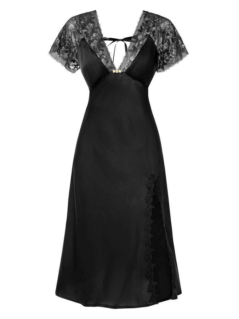 Chemise de nuit en satin à lacets patchwork de dentelle années 1960