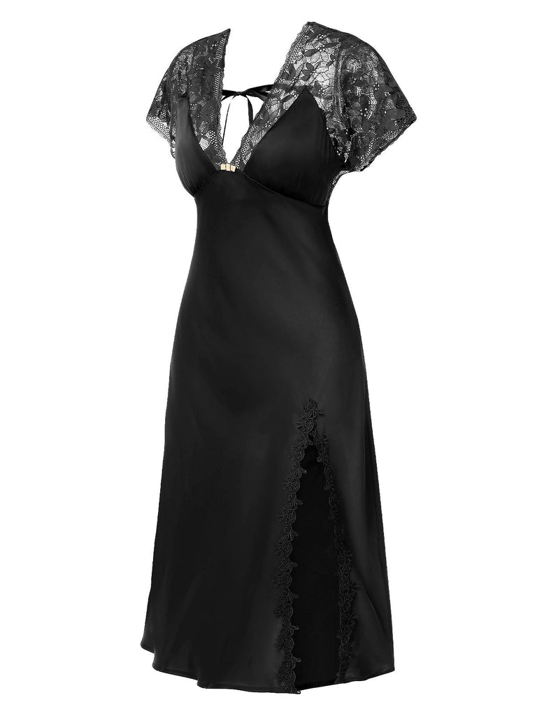 Chemise de nuit en satin à lacets patchwork de dentelle années 1960