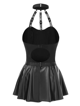 2PCS Haut licou et jupe en cuir PU gothique noir des années 1980