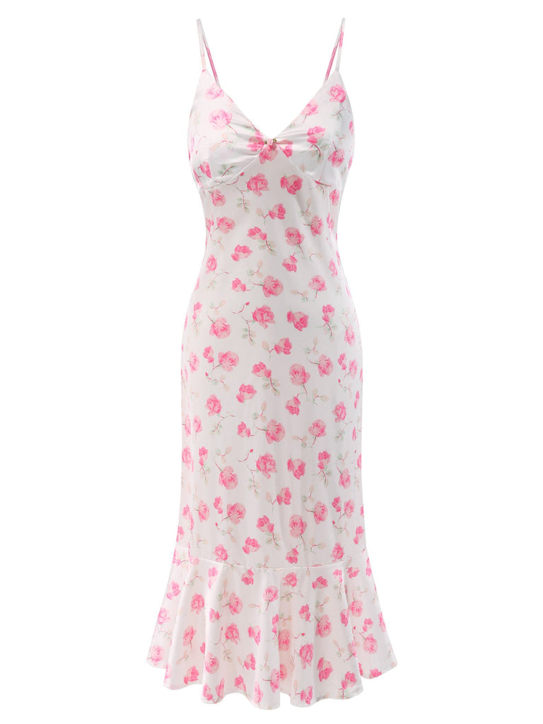 [Prévente] Robe de nuit rose pâle à volants et bretelles en satin des années 1930