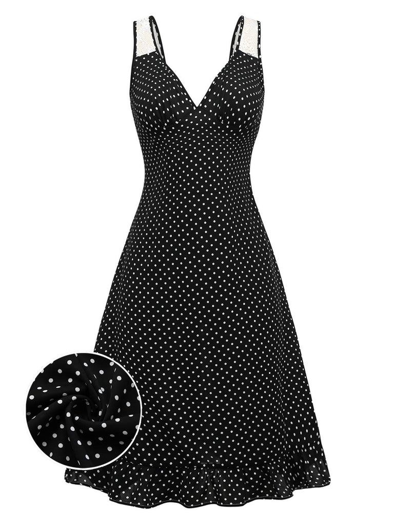 [Prévente] Chemise de nuit noire à pois à volants et bretelles en dentelle des années 1950