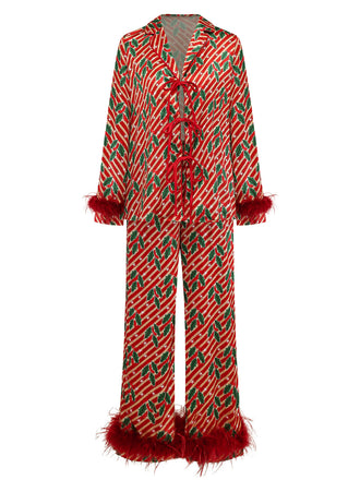 Ensemble pyjama rouge hollies et sucres d'orge avec plumes années 1950