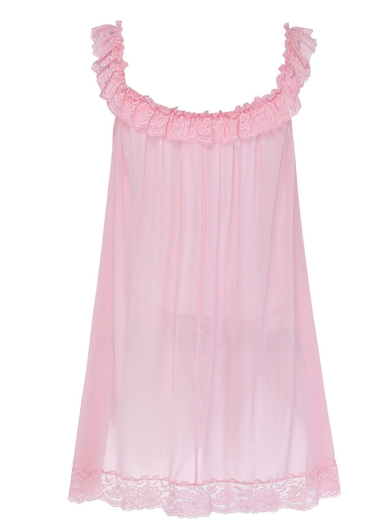 Nuisette babydoll en tulle transparent ornée de dentelle et de nœuds années 1950