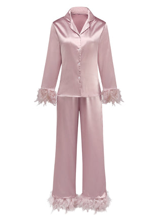 Ensemble pyjama en satin uni à bordure de plumes des années 1930