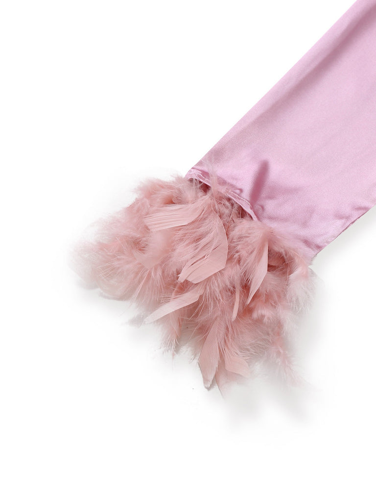 Ensemble pyjama en satin uni à bordure de plumes des années 1930