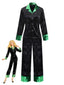 Ensemble pyjama en velours scintillant vert et noir avec col cranté années 1960