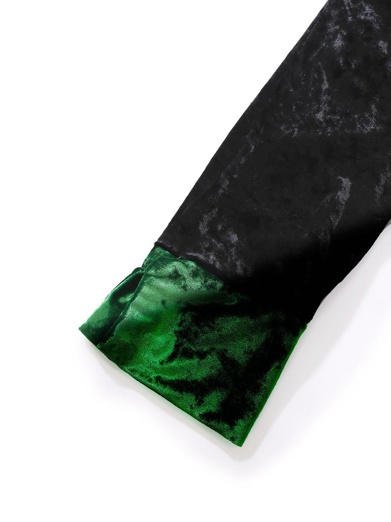 Ensemble pyjama en velours scintillant vert et noir avec col cranté années 1960