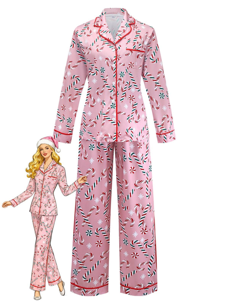 Ensemble pyjama long rose motif canne de Noël des années 1940