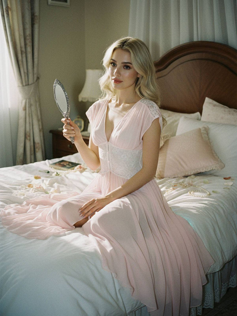 Robe de chambre rose en dentelle plissée et résille taille cintrée années 1930