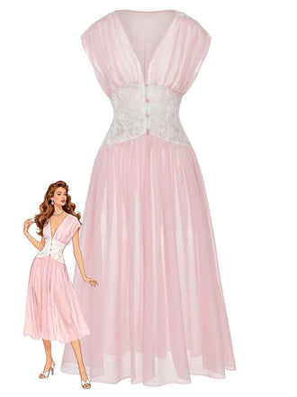 Robe de chambre rose en dentelle plissée et résille taille cintrée années 1930