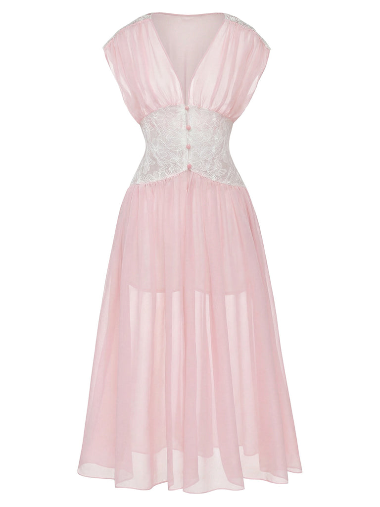 [Prévente] Robe de chambre rose en dentelle plissée et résille taille cintrée années 1930