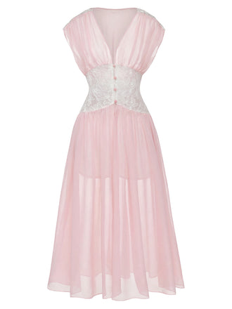 [Prévente] Robe de chambre rose en dentelle plissée et résille taille cintrée années 1930