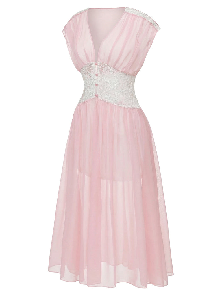 [Prévente] Robe de chambre rose en dentelle plissée et résille taille cintrée années 1930