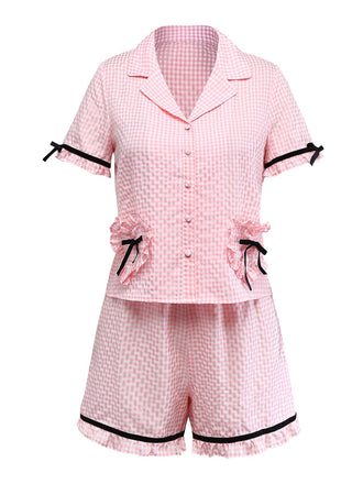 [Prévente] Ensemble pyjama rose carreaux vichy volants et rubans années 50