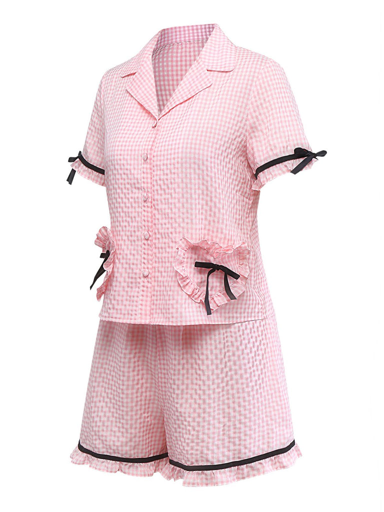 [Prévente] Ensemble pyjama rose carreaux vichy volants et rubans années 50