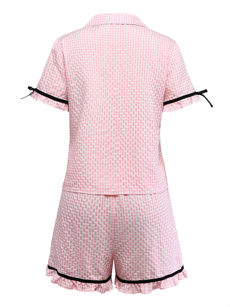 [Prévente] Ensemble pyjama rose carreaux vichy volants et rubans années 50