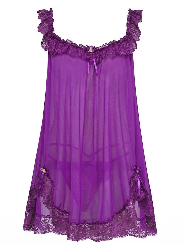 Nuisette babydoll en tulle transparent ornée de dentelle et de nœuds années 1950