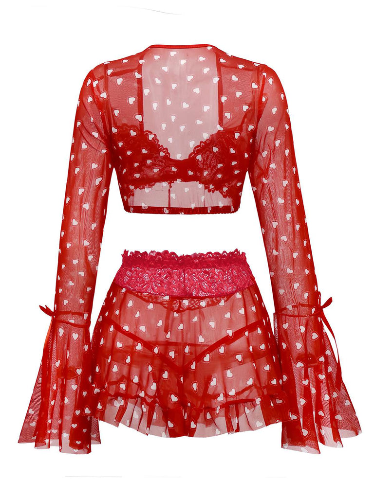 2PCS Pyjama rouge imprimé cœur à volants et nœud pour Valentin années 1960