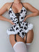 Ensemble de lingerie en peluche lacets et dos nu motifs vache années 1960