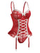 Corset en dentelle rouge avec nœud et bas assortis années 1960