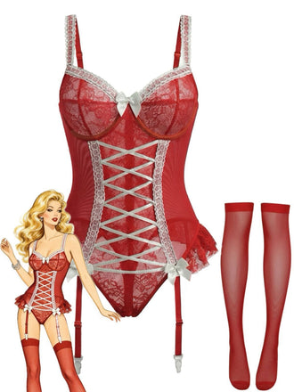 Corset en dentelle rouge avec nœud et bas assortis années 1960