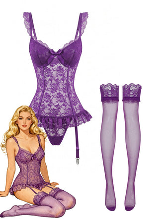 3PCS Ensemble lingerie dentelle violette bas années 1980