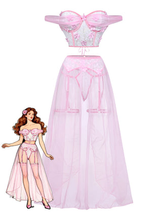 Ensemble Pyjama Florale Dentelle Épaules Dénudées Rose Années 1960