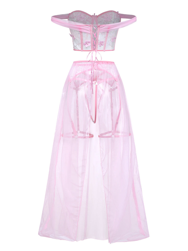Ensemble Pyjama Florale Dentelle Épaules Dénudées Rose Années 1960 3