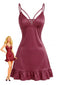 Nuisette bordeaux en satin à pois fines bretelles et ourlet à volants Années 1940