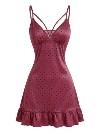 Nuisette bordeaux en satin à pois, fines bretelles et ourlet à volants Années 1940 - 2