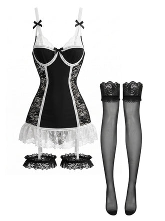 Ensemble lingerie de nuit noir en dentelle avec porte-jarretelles Années 1980 - 1