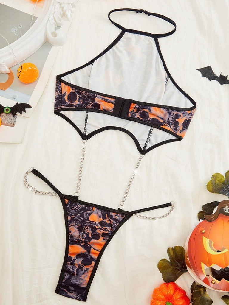 Body lingerie orange à col Halter, chaînes et crânes pour Halloween Années 1950 - 6