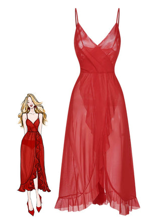 Chemise de nuit transparente à volants et col en V des années 1930