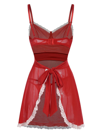 Chemise de nuit rouge à lacets et transparente de Noël des années 1970