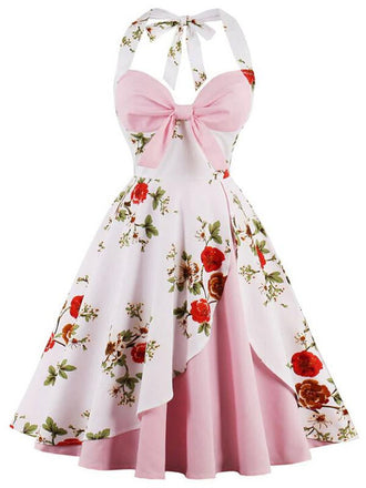 Robe Balançoire Année 50 Florale Rose à Licou 2