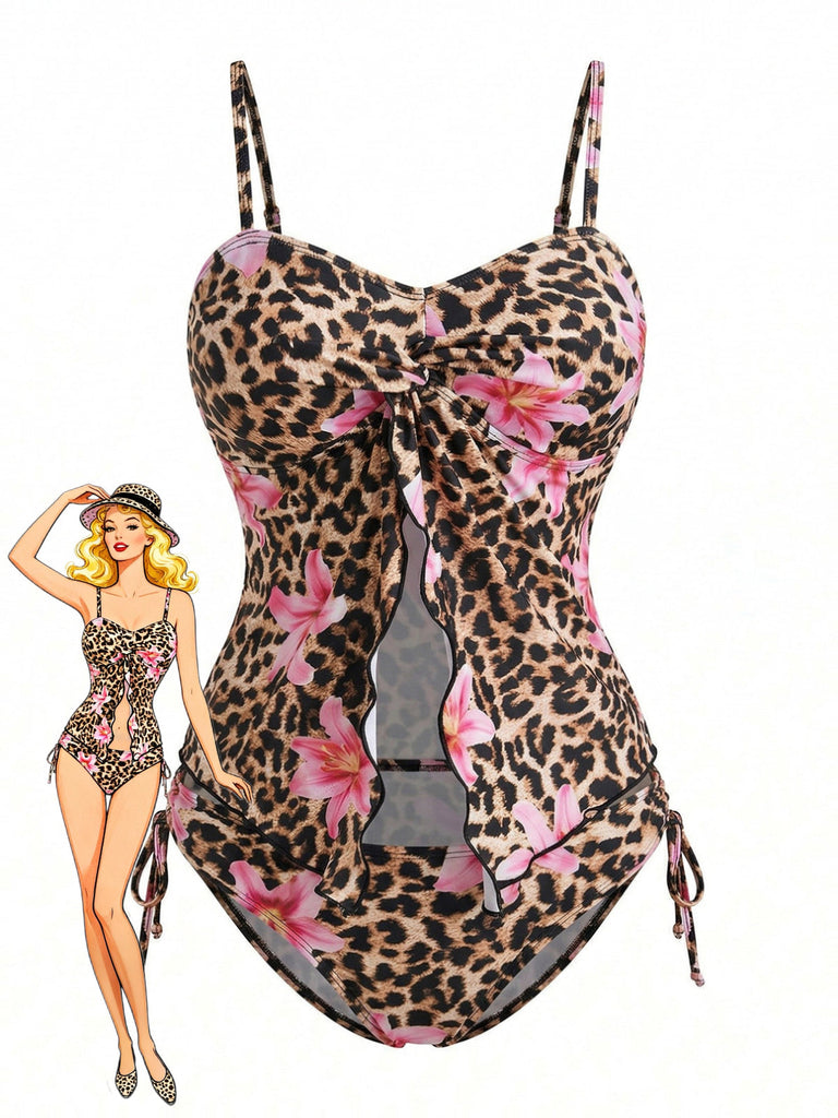 Marron Léopard Floral Imprimé Devant Découpé Ensemble Tankini Années 1940