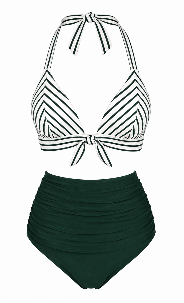 [Prévente] Ensemble Bikini Rayé Halter Froncé Vert Années 1950