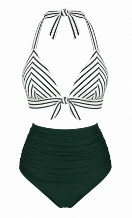 [Prévente] Ensemble Bikini Rayé Halter Froncé Vert Années 1950