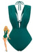 Ensemble bikini vintage années 60 composé d'un haut de bikini dos nu à carreaux et d'un maillot de bain une pièce froncé à décolleté plongeant, présenté sur un mannequin pour un look de vacances rétro à la plage.