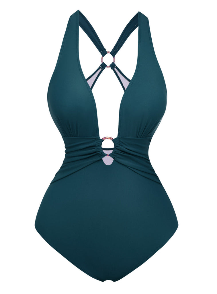 1960s Ruched Drawstring One Piece Swimsuit - vintage swimsuit, pin-up style