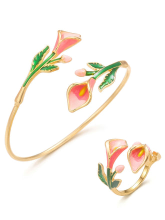Ensemble Bracelet Manchette et Bague Floral Vintage
