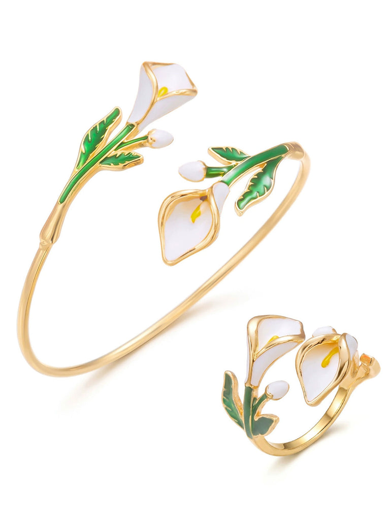 Ensemble Bracelet Manchette et Bague Floral Vintage