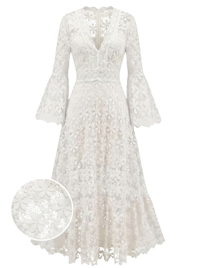 Robe Longue Évasée en Dentelle Dos Nu Unie années '30