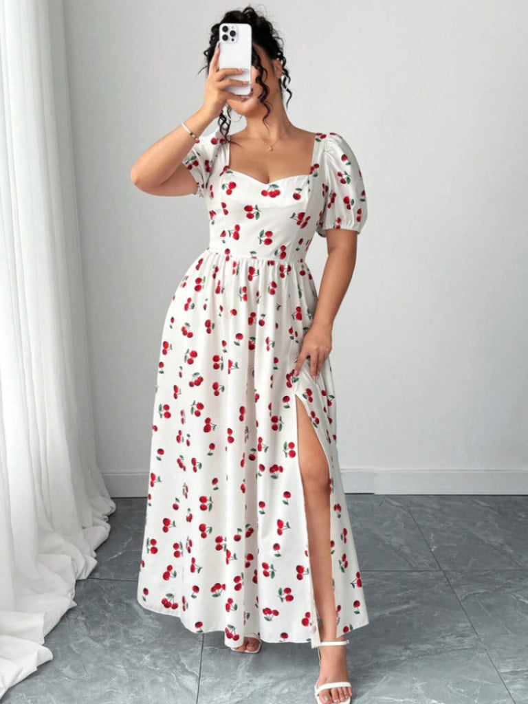 [Grande Taille] Robe Longue à Fente Imprimé Cerises Blanche Années 1940 5