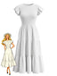 Robe blanche unie manches papillon étages et smockée années 1940