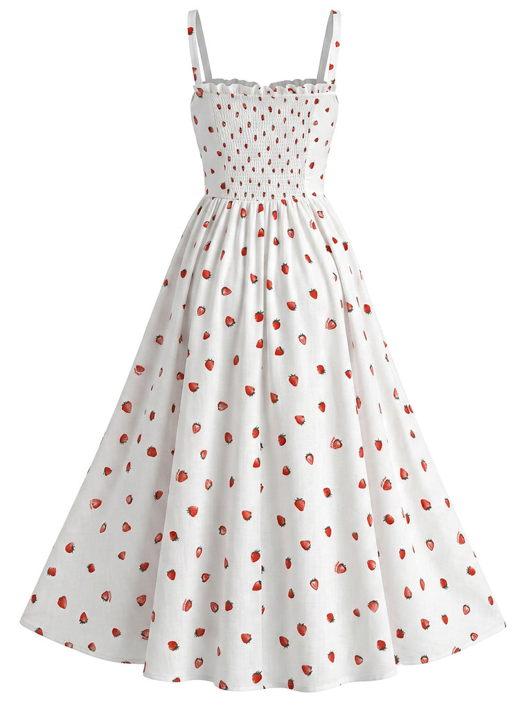 Robe à Bretelles avec Fente Fraise Blanc Années 40